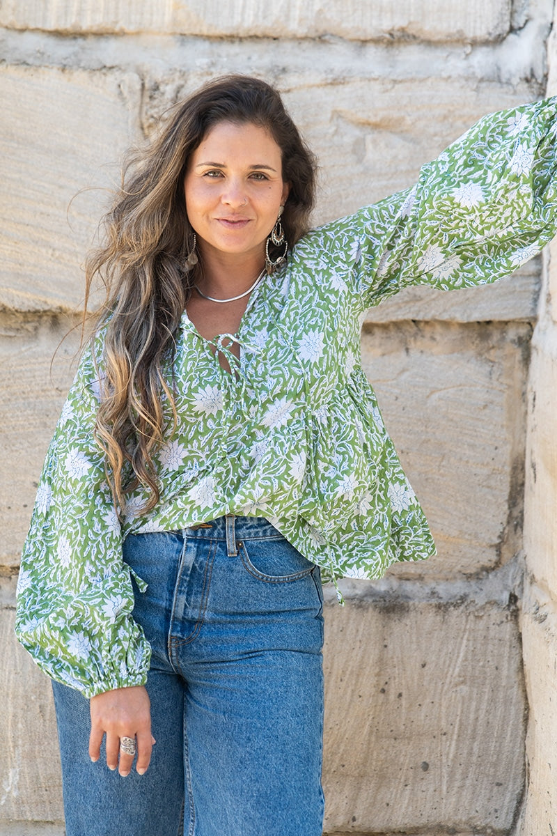 Womens, Indira blouse, long sleeve, 100% cotton, hand block print. In Evergreen print.