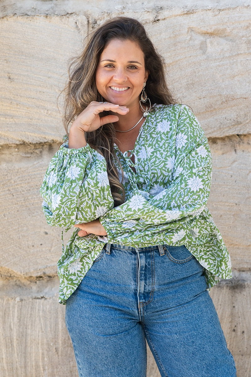 Womens, Indira blouse, long sleeve, 100% cotton, hand block print. In Evergreen print.