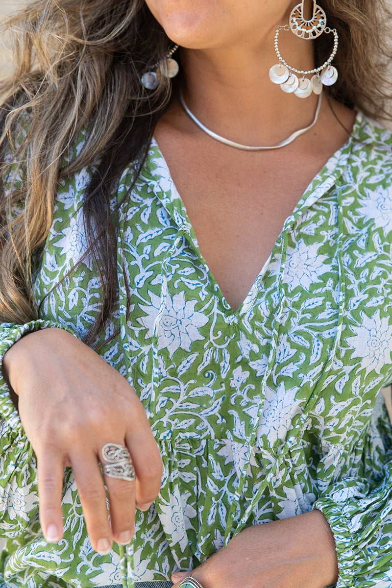 Womens, Indira blouse, long sleeve, 100% cotton, hand block print. In Evergreen print.