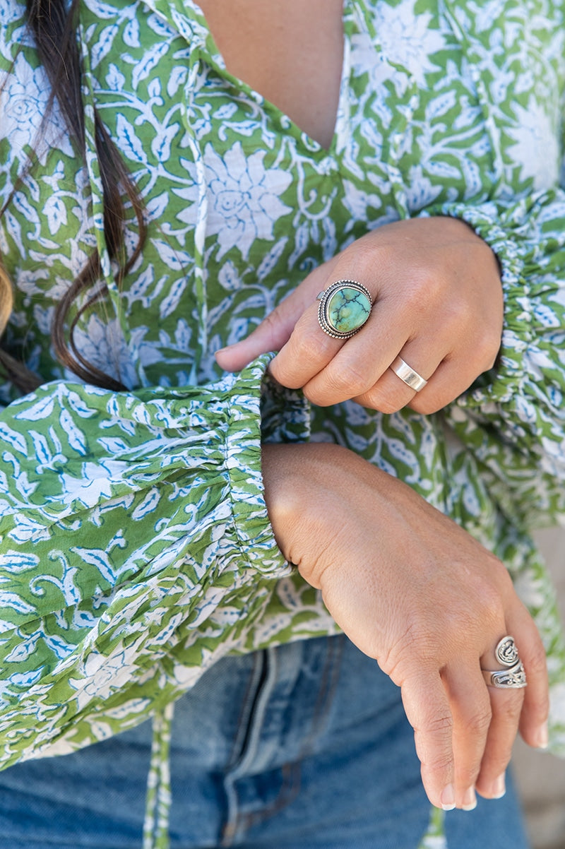Womens, Indira blouse, long sleeve, 100% cotton, hand block print. In Evergreen print.