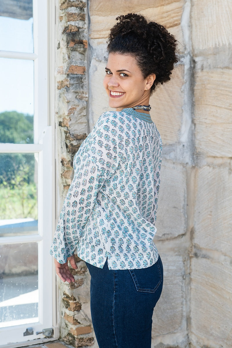 Womens, Sahana blouse, long sleeve, 100% cotton, hand block print. In aqua & grey Aureya print.