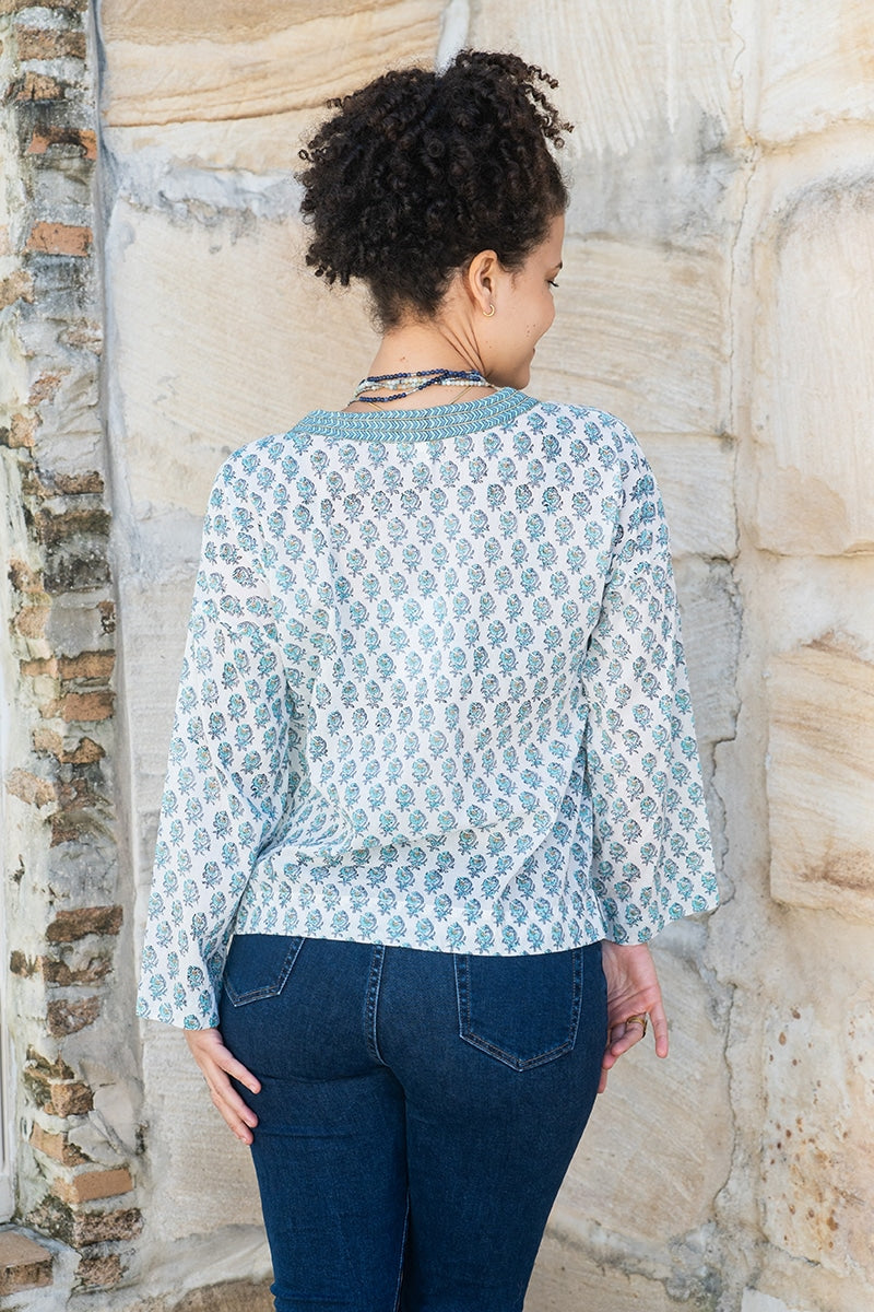 Womens, Sahana blouse, long sleeve, 100% cotton, hand block print. In aqua & grey Aureya print.