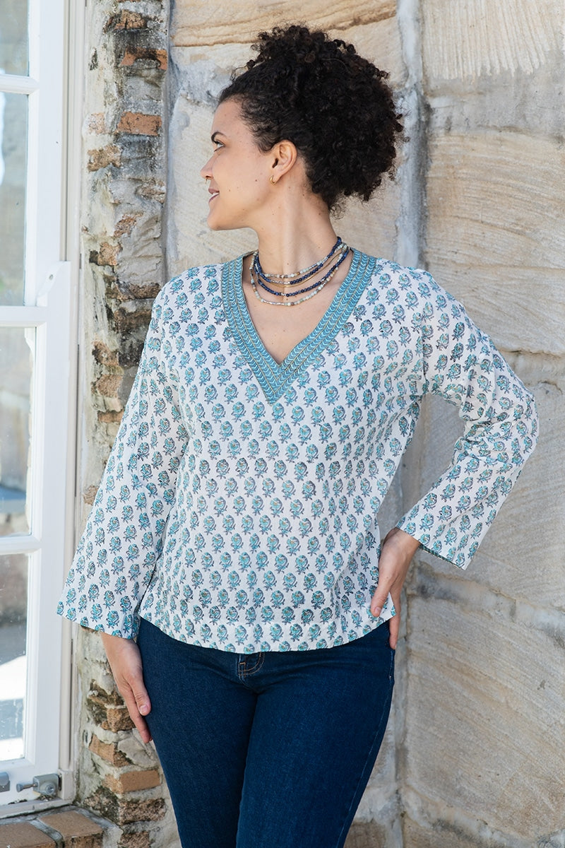 Womens, Sahana blouse, long sleeve, 100% cotton, hand block print. In aqua & grey Aureya print.