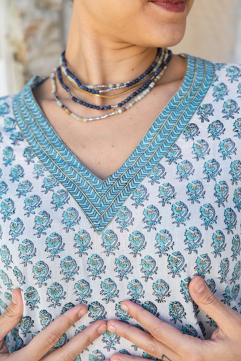 Womens, Sahana blouse, long sleeve, 100% cotton, hand block print. In aqua & grey Aureya print.