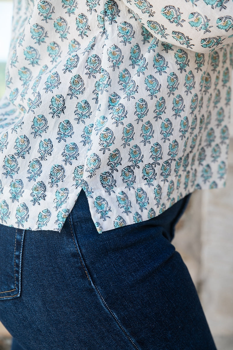 Womens, Sahana blouse, long sleeve, 100% cotton, hand block print. In aqua & grey Aureya print.