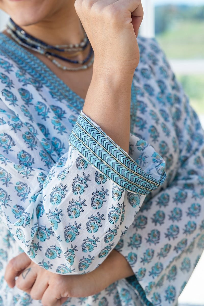 Womens, Sahana blouse, long sleeve, 100% cotton, hand block print. In aqua & grey Aureya print.