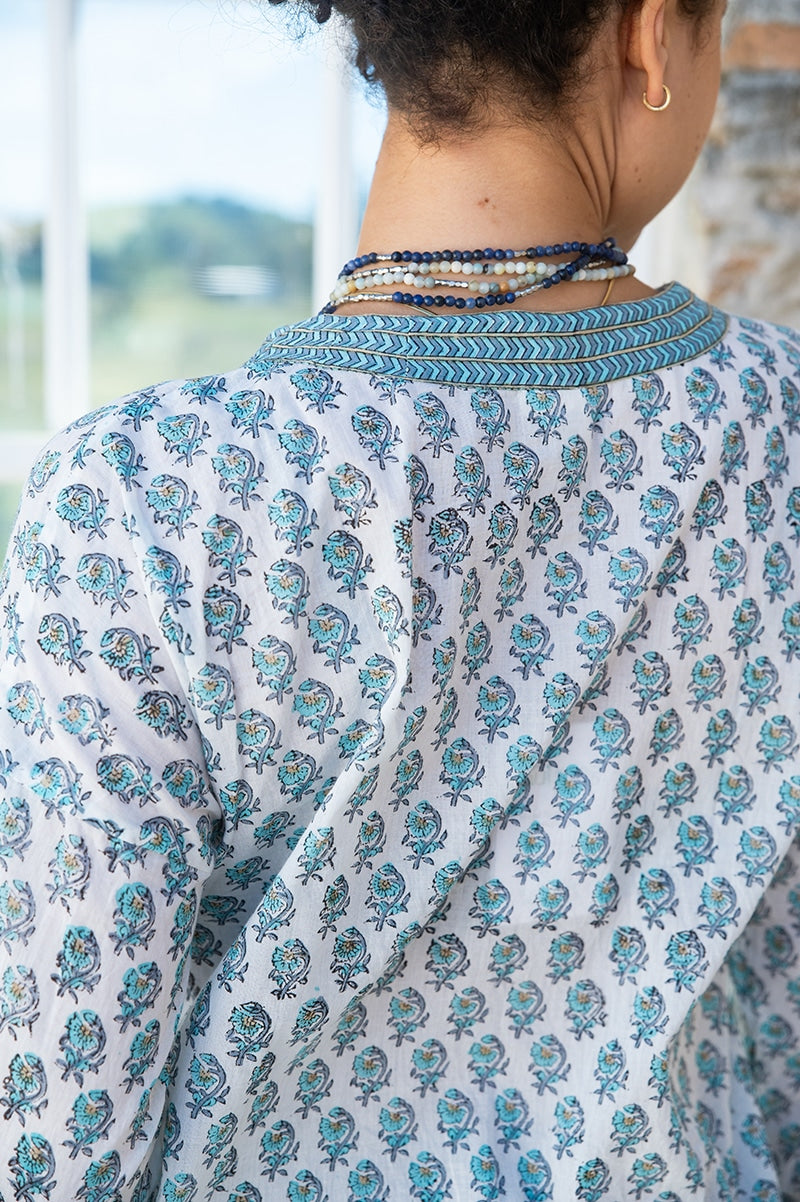 Womens, Sahana blouse, long sleeve, 100% cotton, hand block print. In aqua & grey Aureya print.