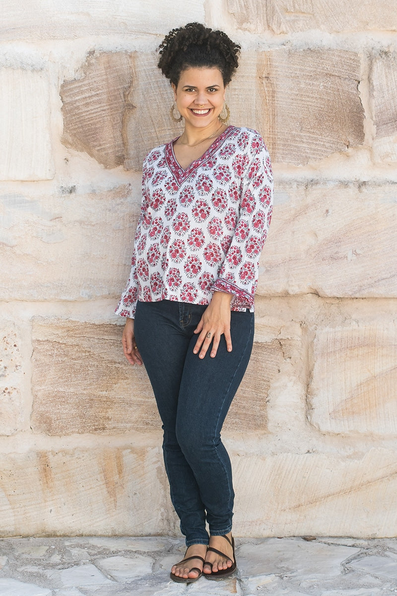 Womens, Sahana blouse, long sleeve, 100% cotton, hand block print. In floral pink - Parisa