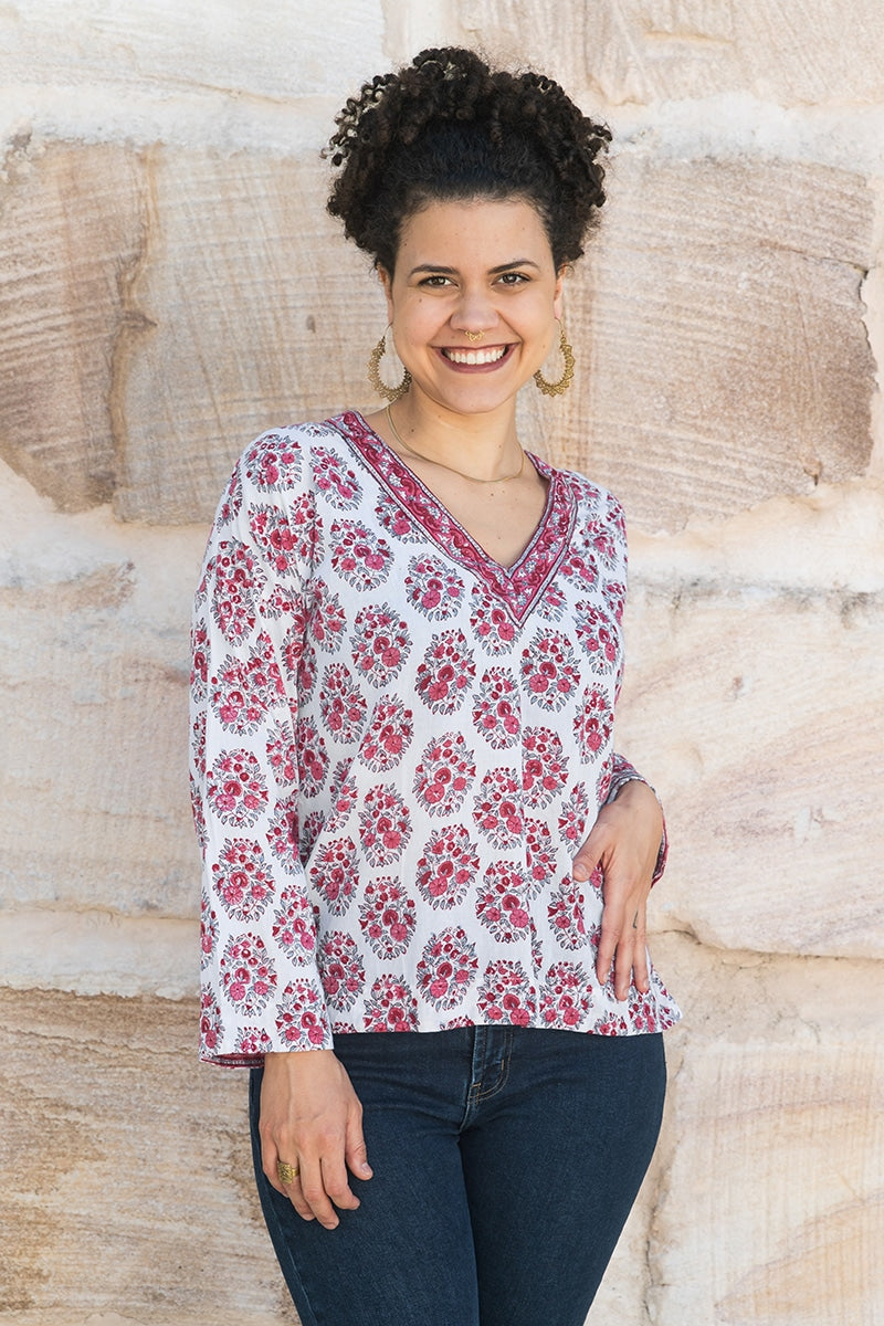 Womens, Sahana blouse, long sleeve, 100% cotton, hand block print. In floral pink - Parisa