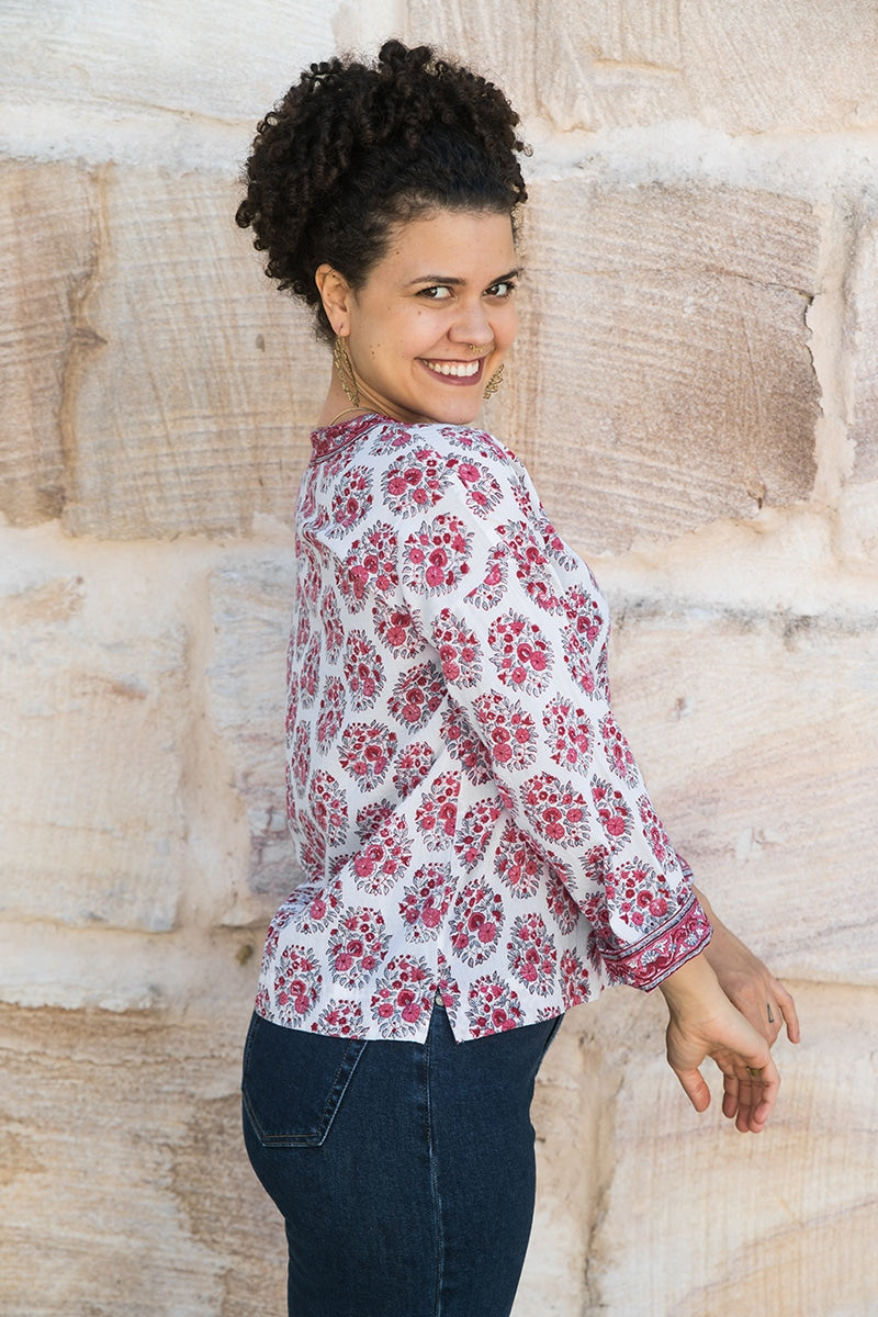 Womens, Sahana blouse, long sleeve, 100% cotton, hand block print. In floral pink - Parisa