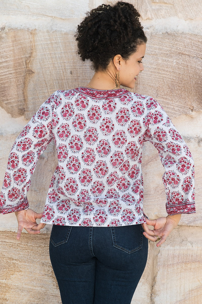 Womens, Sahana blouse, long sleeve, 100% cotton, hand block print. In floral pink - Parisa