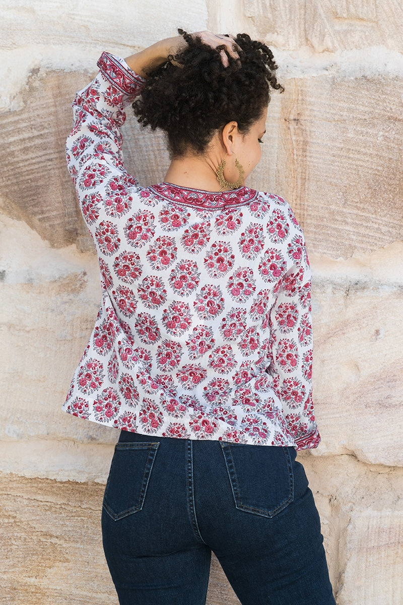 Womens, Sahana blouse, long sleeve, 100% cotton, hand block print. In floral pink - Parisa
