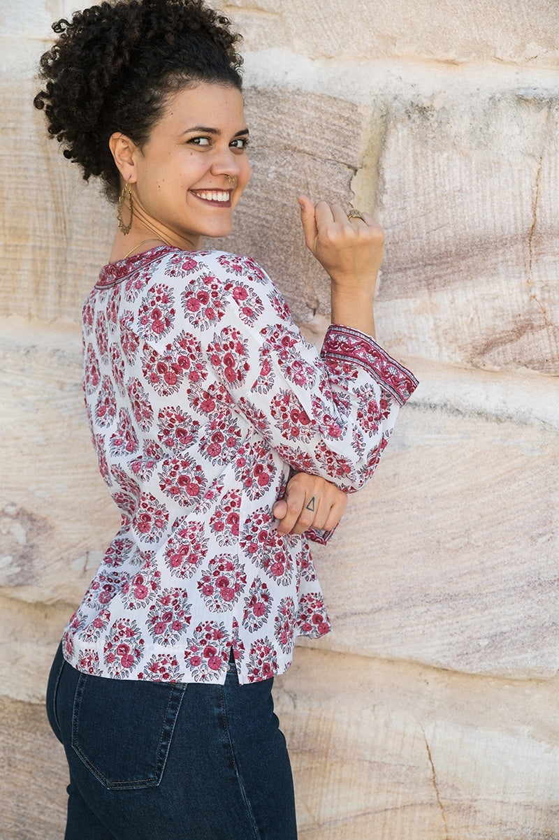 Womens, Sahana blouse, long sleeve, 100% cotton, hand block print. In floral pink - Parisa