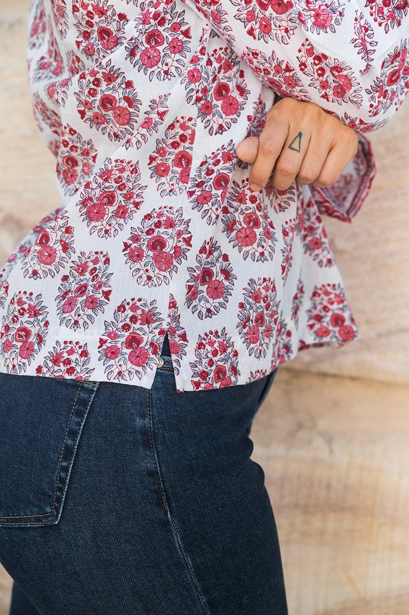 Womens, Sahana blouse, long sleeve, 100% cotton, hand block print. In floral pink - Parisa