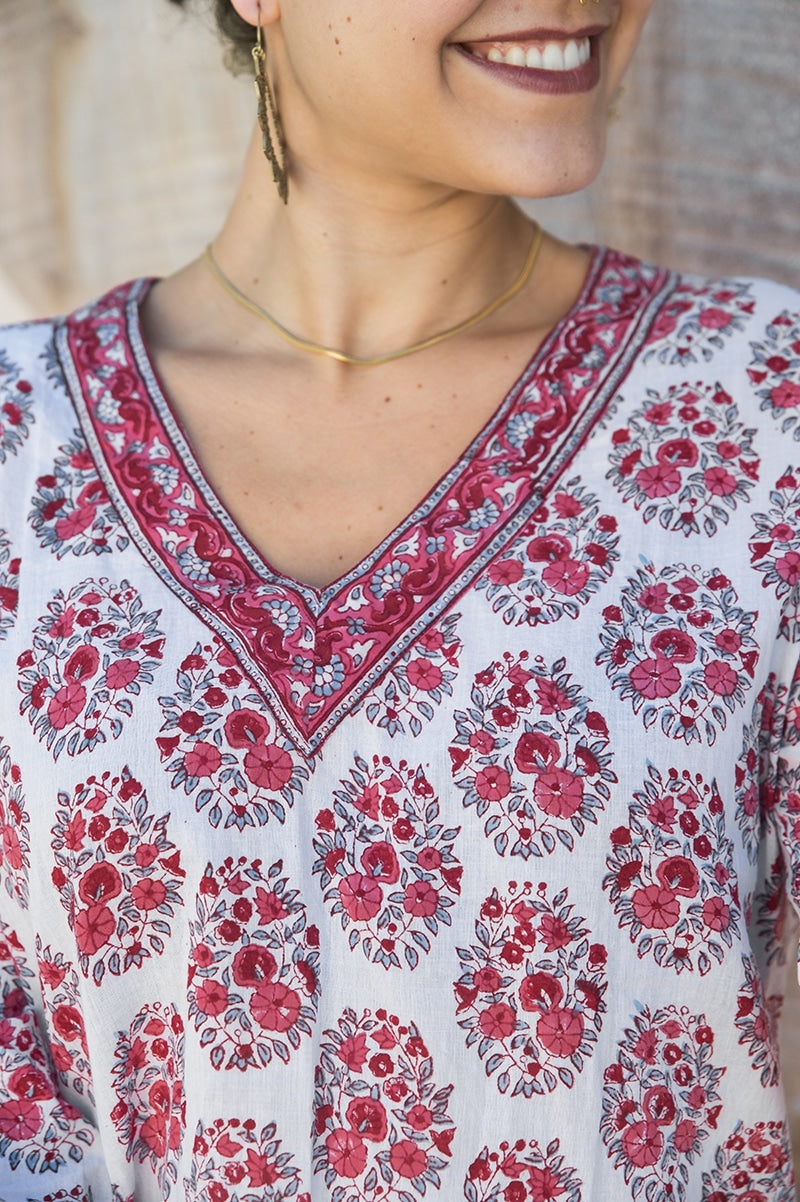 Womens, Sahana blouse, long sleeve, 100% cotton, hand block print. In floral pink - Parisa