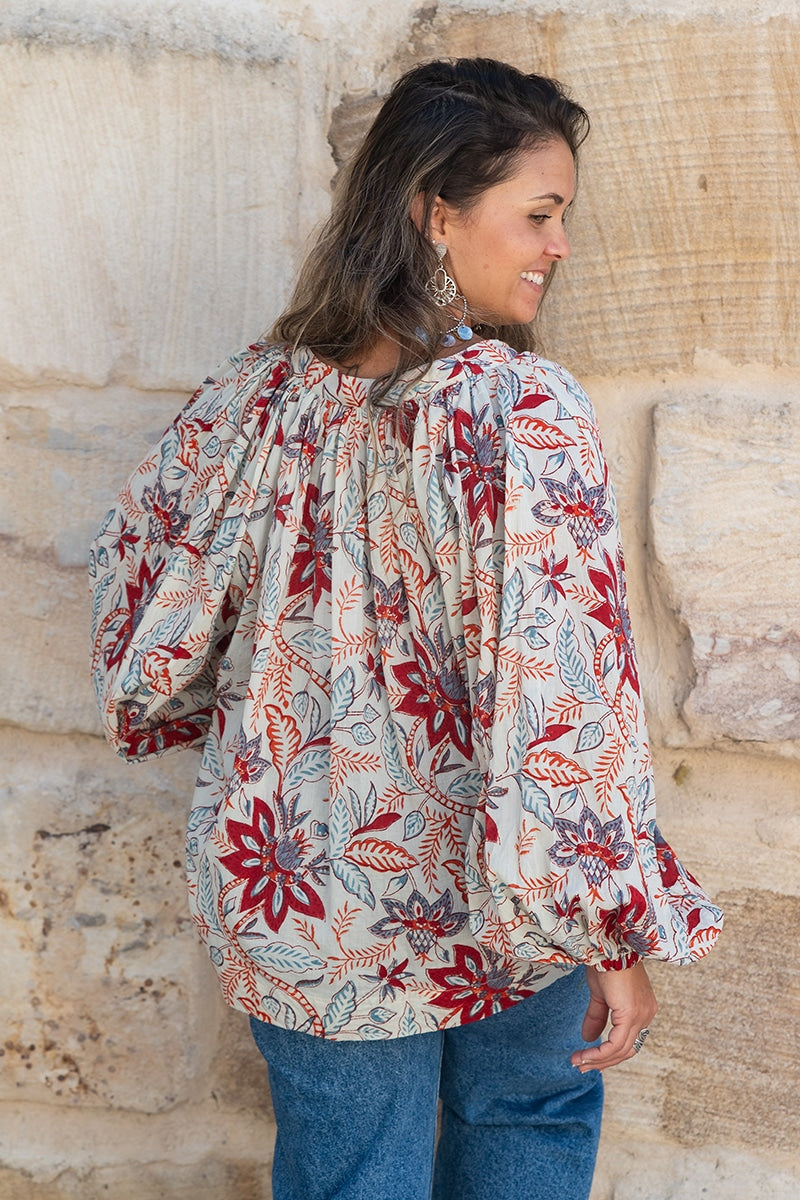 Womens, Morais blouse, full sleeve, 100% cotton, hand block print. In floral print - Roshan