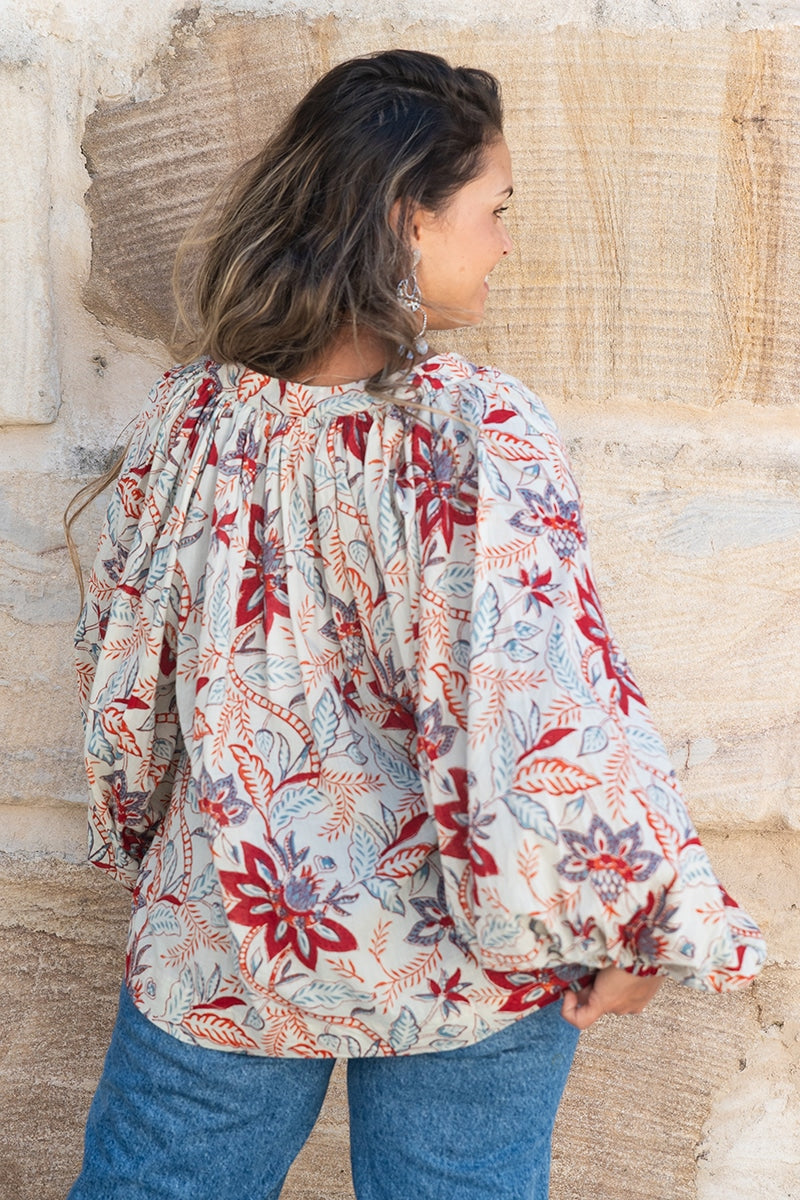 Womens, Morais blouse, full sleeve, 100% cotton, hand block print. In floral print - Roshan