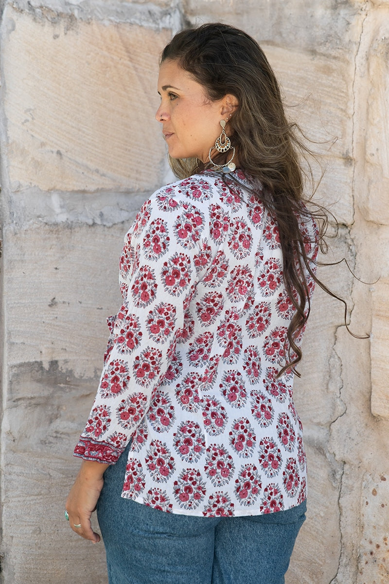 Womens, Mandalay blouse, 7/8 sleeve, 100% cotton, hand block print. In shades of pink and grey. Parisa