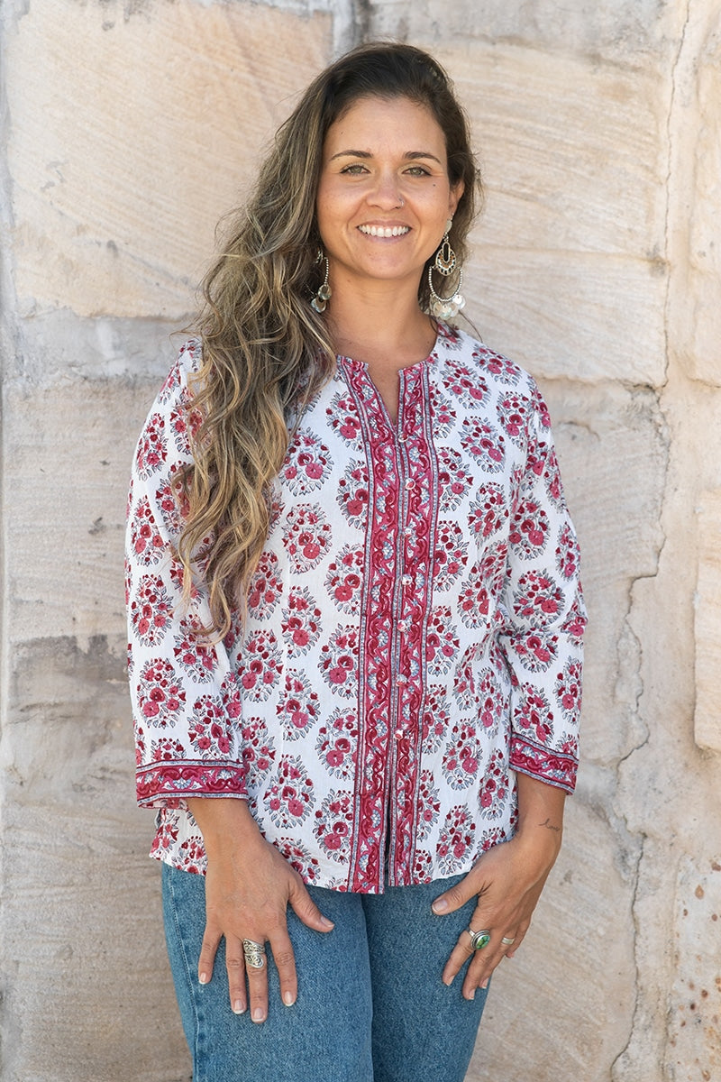 Womens, Mandalay blouse, 7/8 sleeve, 100% cotton, hand block print. In shades of pink and grey. Parisa