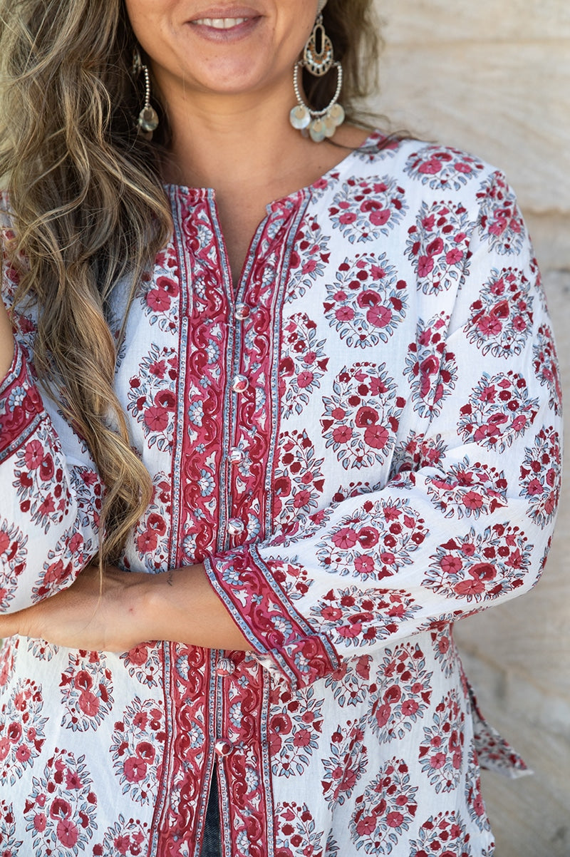 Womens, Mandalay blouse, 7/8 sleeve, 100% cotton, hand block print. In shades of pink and grey. Parisa