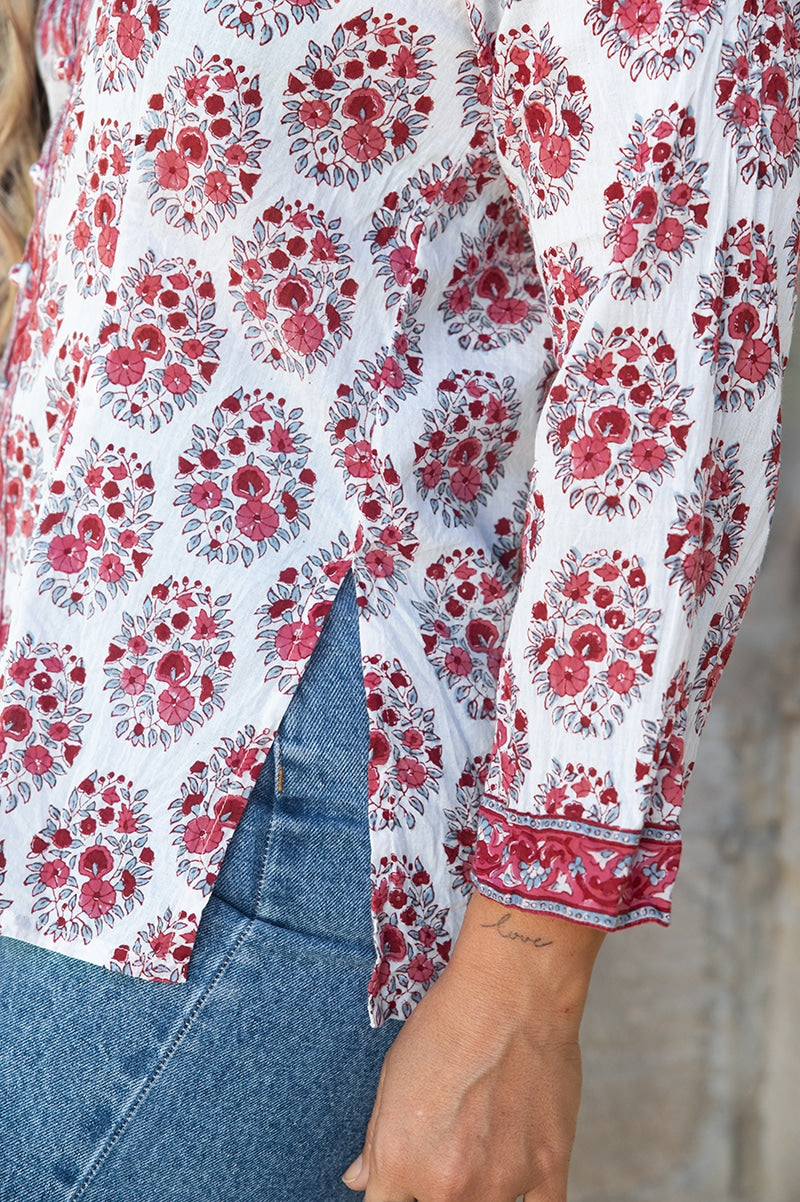 Womens, Mandalay blouse, 7/8 sleeve, 100% cotton, hand block print. In shades of pink and grey. Parisa
