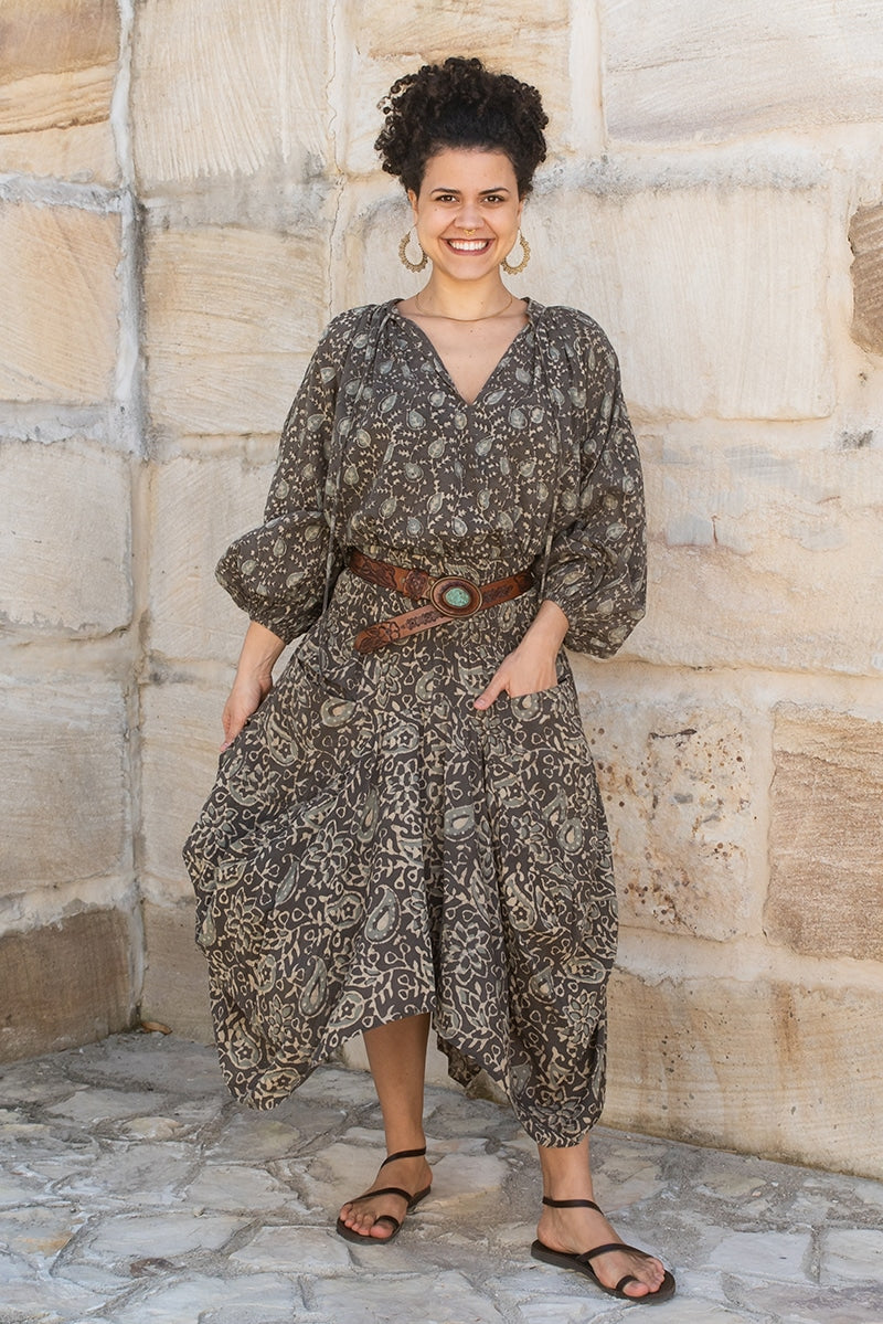 Womens, Morais blouse, full sleeve, and Coco Skirt, 100% cotton, hand block print, hand stitched. In natural Kassis Raga and Kassis Tahlia