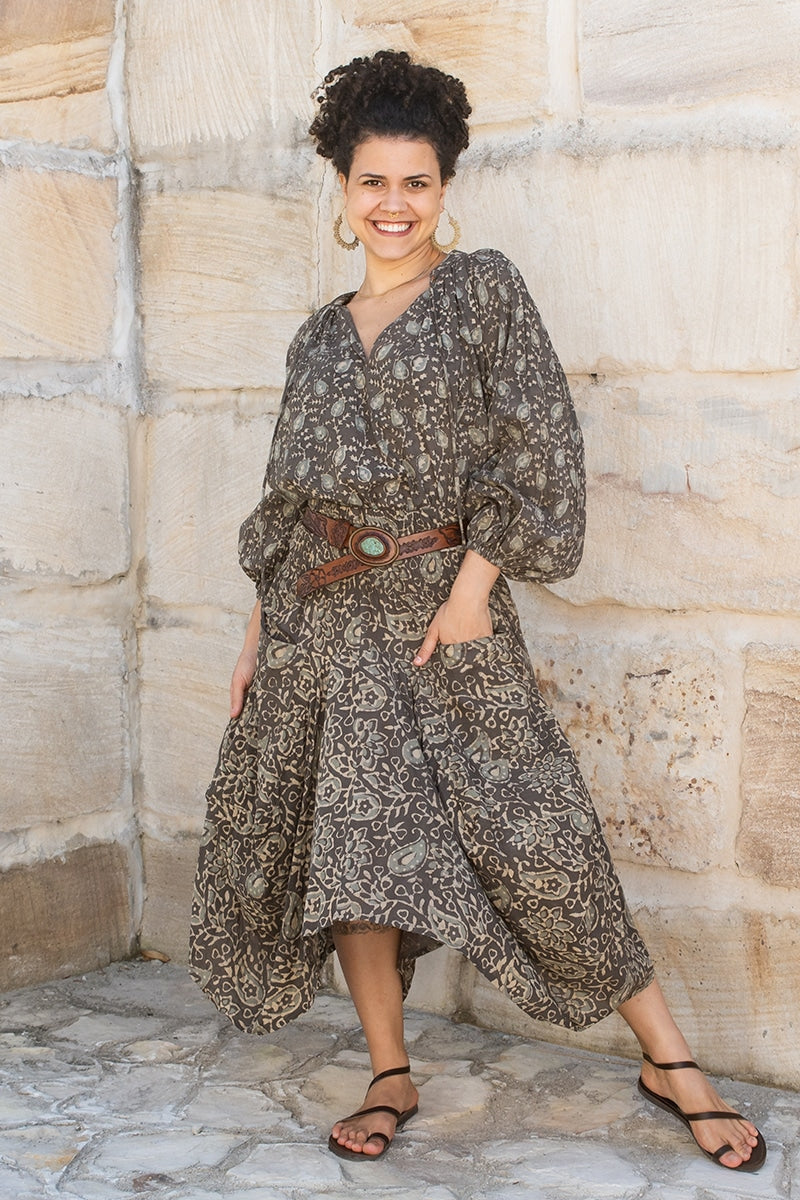 Womens, Morais blouse, full sleeve, and Coco Skirt, 100% cotton, hand block print, hand stitched. In natural Kassis Raga and Kassis Tahlia
