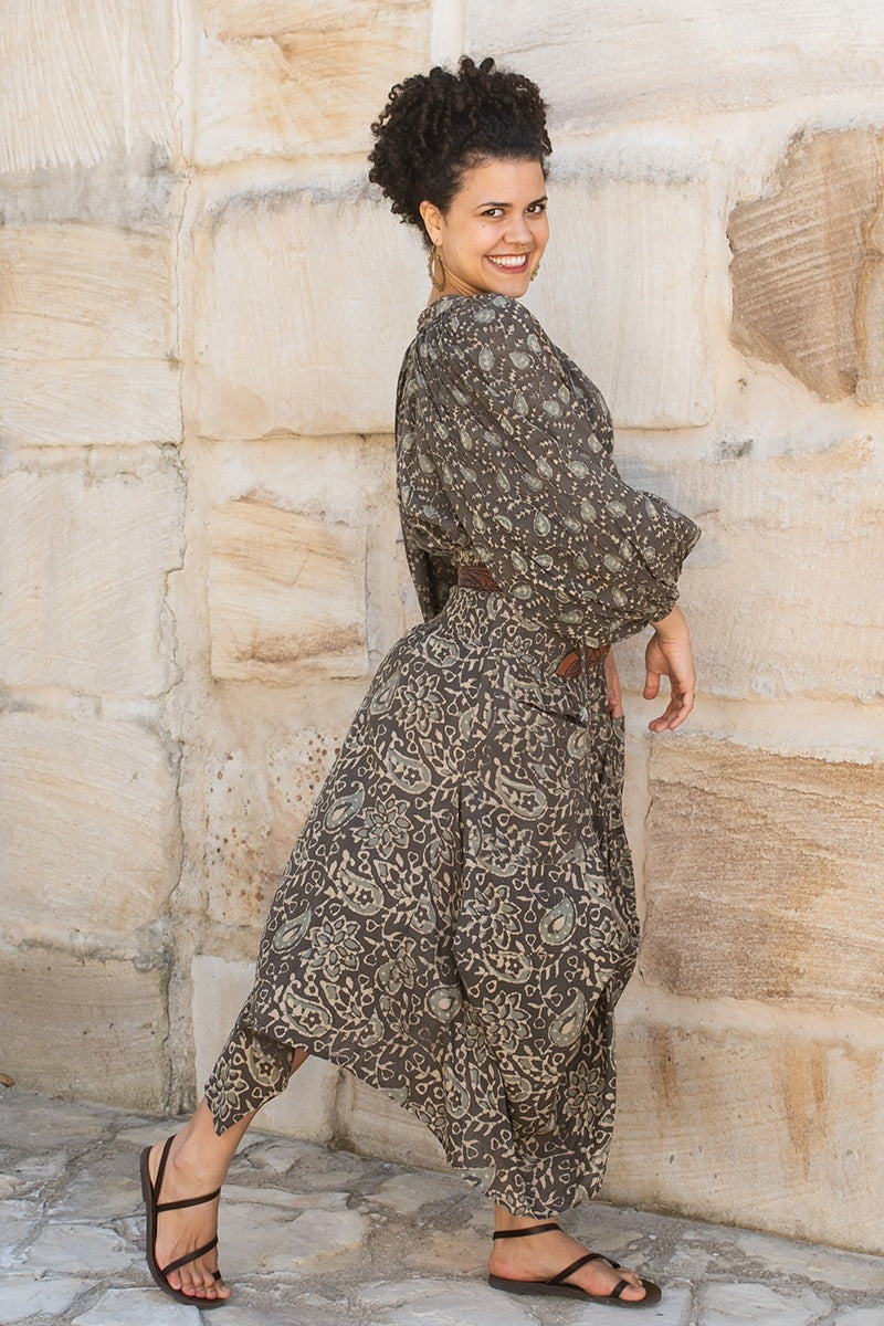 Womens, Morais blouse, full sleeve, and Coco Skirt, 100% cotton, hand block print, hand stitched. In natural Kassis Raga and Kassis Tahlia