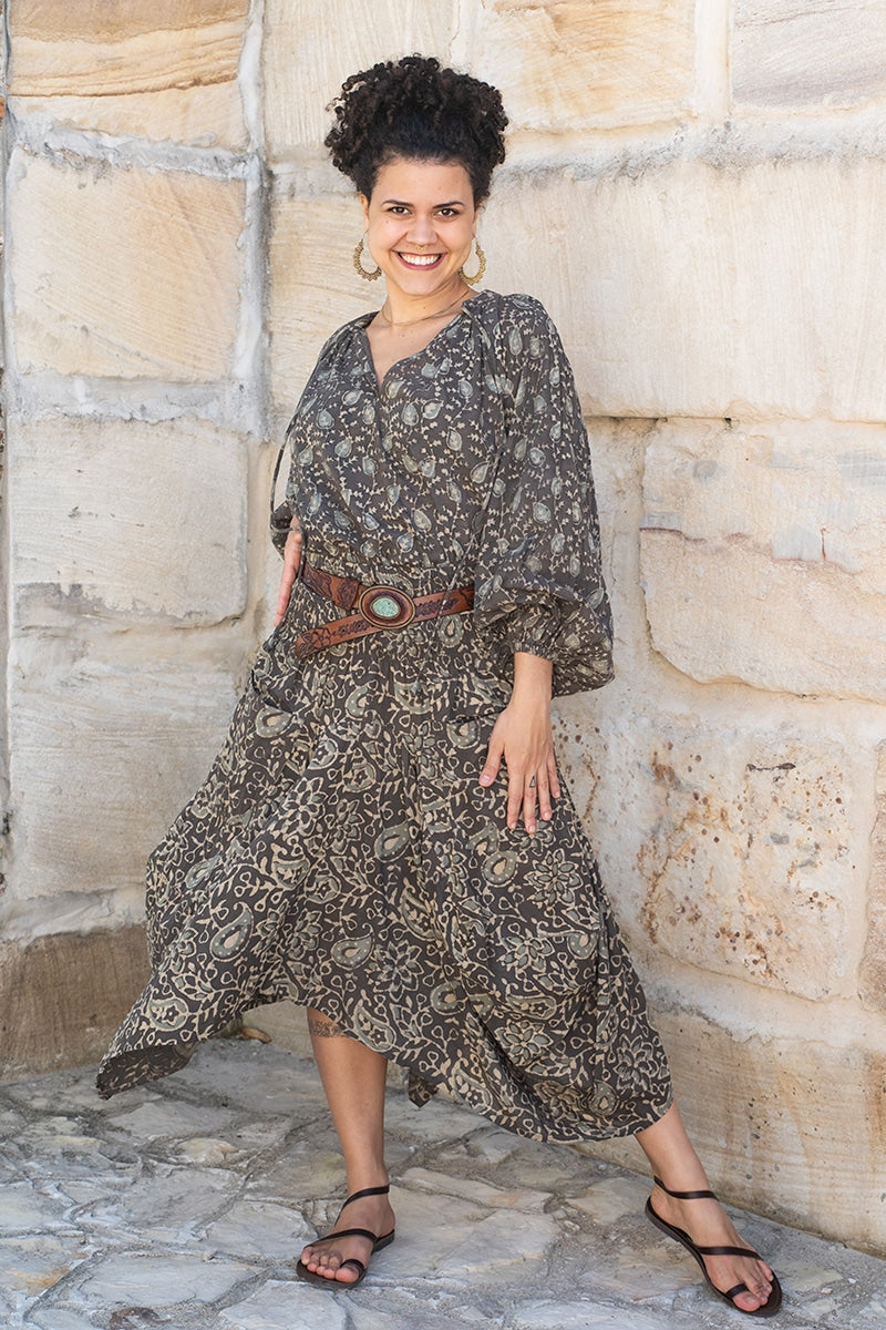 Womens, Morais blouse, full sleeve, and Coco Skirt, 100% cotton, hand block print, hand stitched. In natural Kassis Raga and Kassis Tahlia