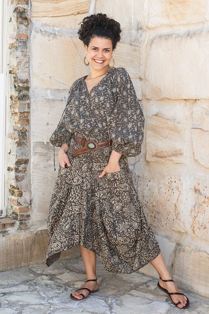 Womens, Morais blouse, full sleeve, and Coco Skirt, 100% cotton, hand block print, hand stitched. In natural Kassis Raga and Kassis Tahlia