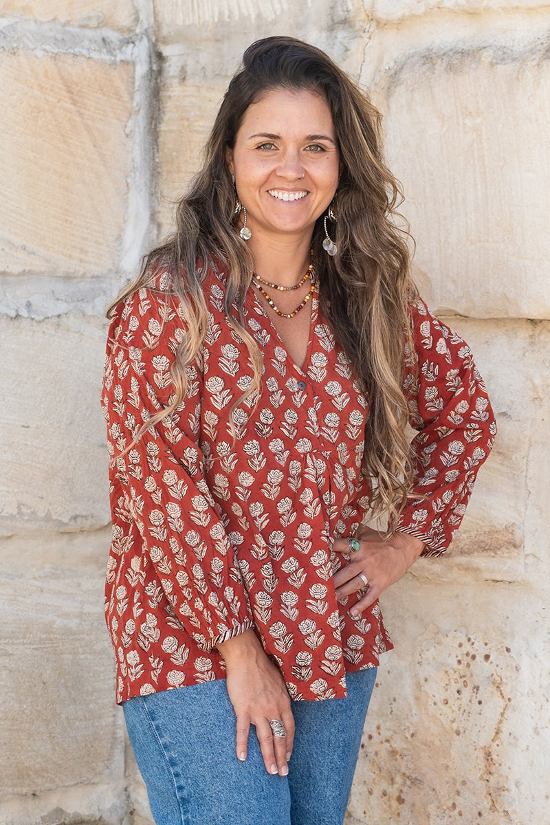 Womens, Kora blouse, full sleeve, 100% cotton, hand block print. In natural Begru rustic red Kalika print.