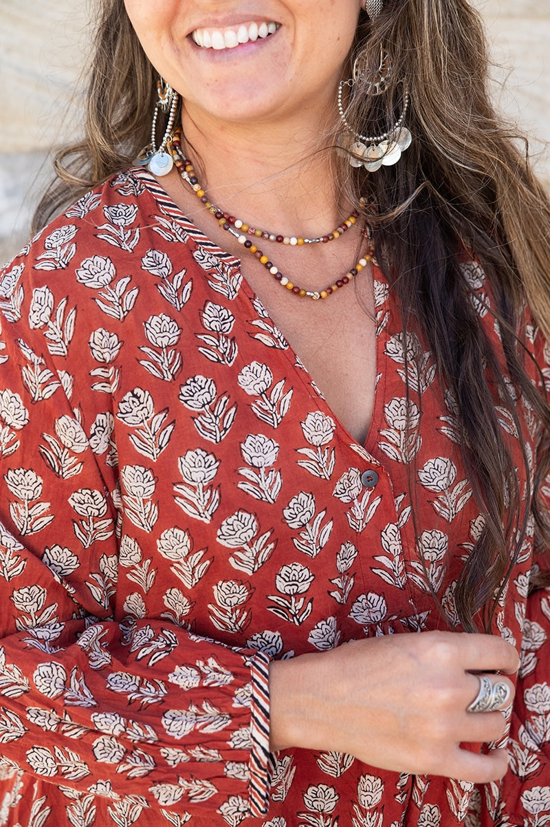Womens, Kora blouse, full sleeve, 100% cotton, hand block print. In natural Begru rustic red Kalika print.