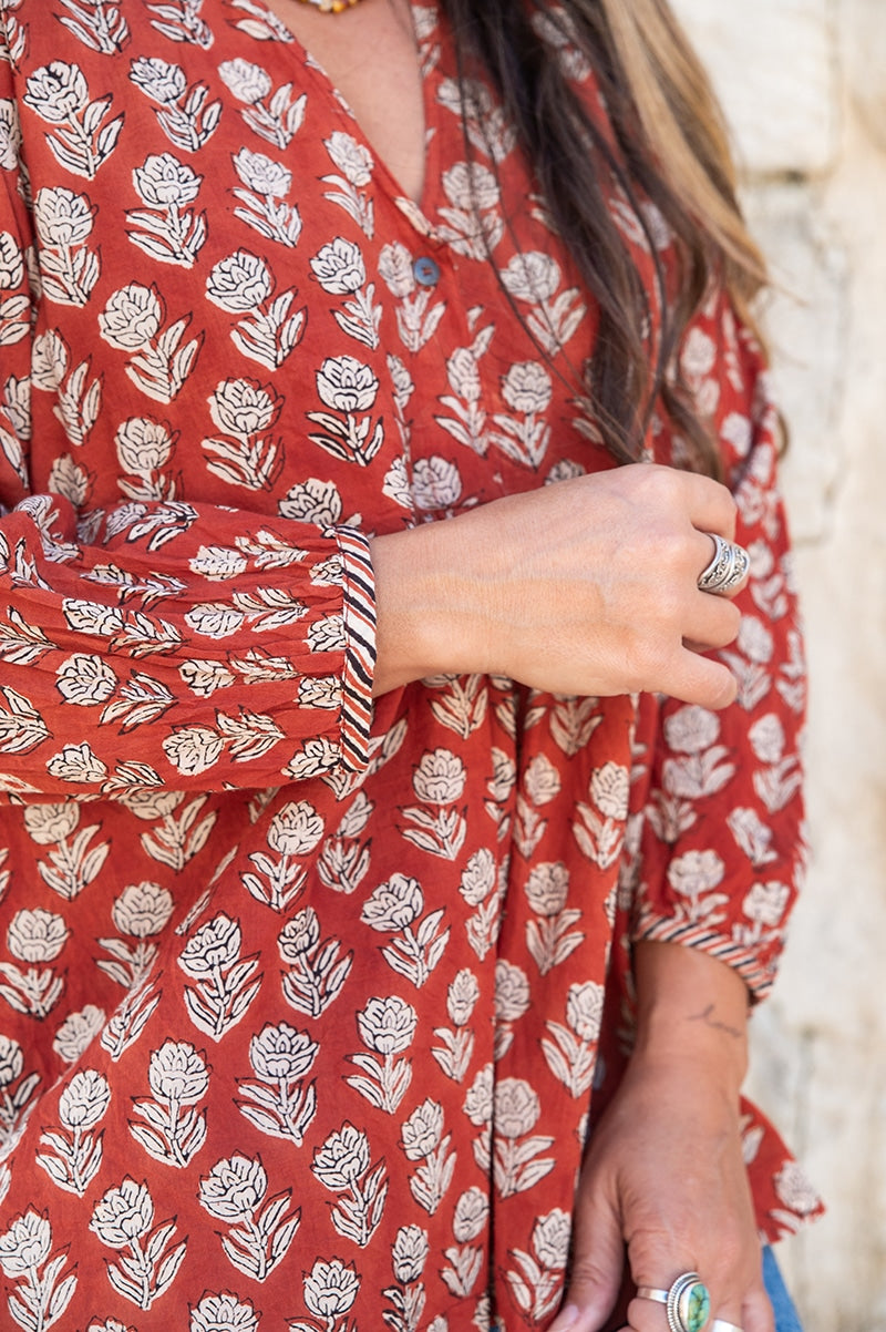 Womens, Kora blouse, full sleeve, 100% cotton, hand block print. In natural Begru rustic red Kalika print.