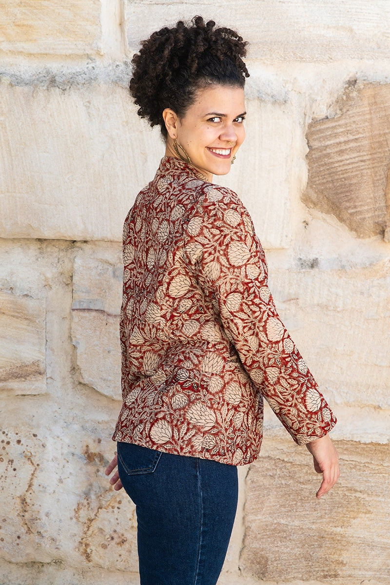 Womens, Tilbra Jacket, long sleeve, 100% cotton corduroy, hand block print. In natural Rustic Red Jivana print.