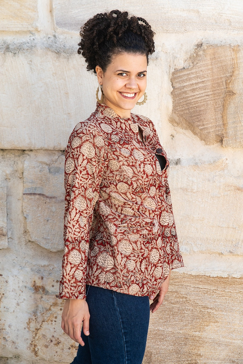 Womens, Tilbra Jacket, long sleeve, 100% cotton corduroy, hand block print. In natural Rustic Red Jivana print.