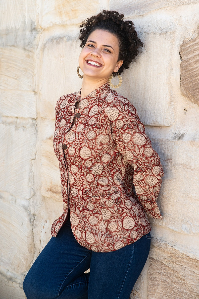 Womens, Tilbra Jacket, long sleeve, 100% cotton corduroy, hand block print. In natural Rustic Red Jivana print.