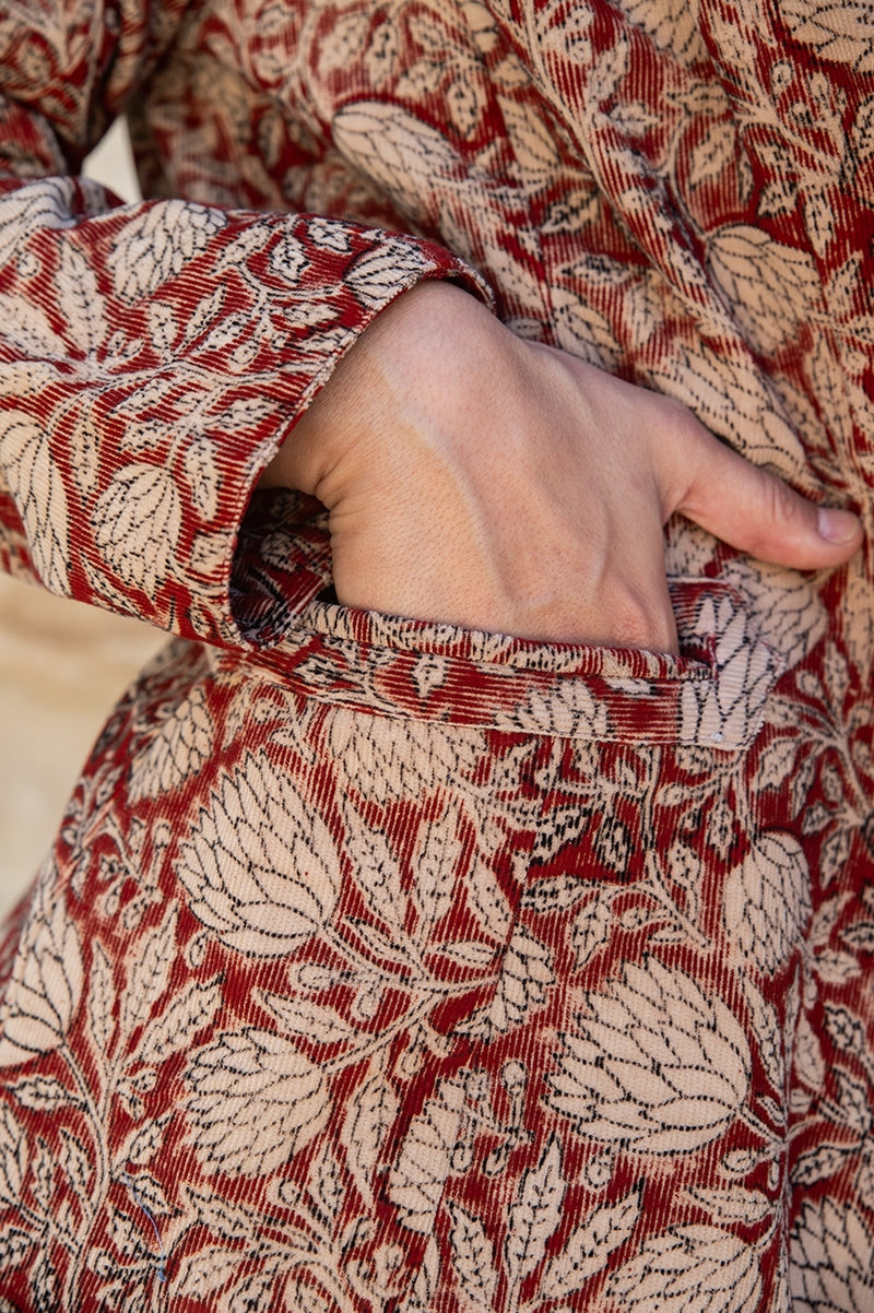 Womens, Tilbra Jacket, long sleeve, 100% cotton corduroy, hand block print. In natural Rustic Red Jivana print.