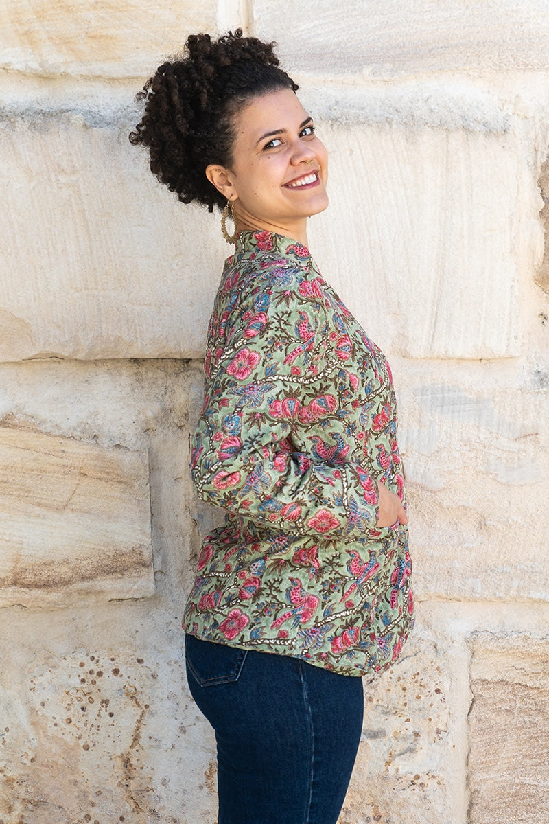 Womens, Tilbra Jacket, long sleeve, 100% cotton corduroy, hand block print. In green & pink, Birds of Paradise print