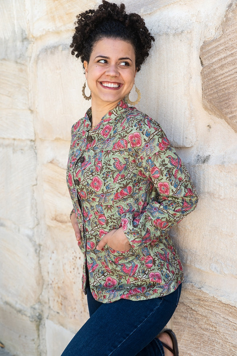 Womens, Tilbra Jacket, long sleeve, 100% cotton corduroy, hand block print. In green & pink, Birds of Paradise print