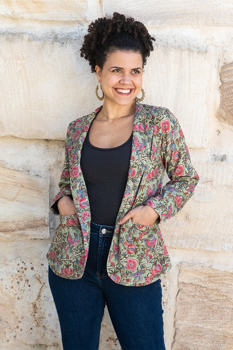 Womens, Tilbra Jacket, long sleeve, 100% cotton corduroy, hand block print. In green & pink, Birds of Paradise print