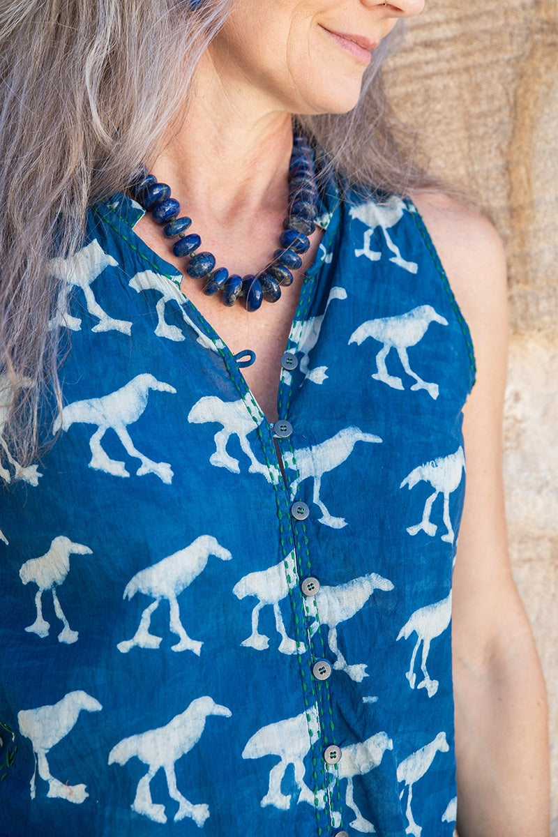 Womens, Tagai blouse, sleeveless, hand stitched seams, edges and hems, in natural Indigo Crow print