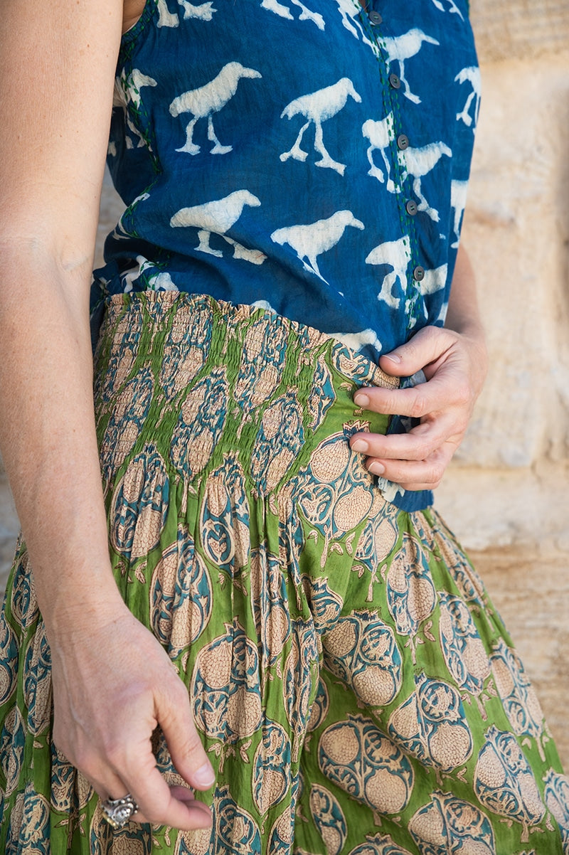 Womens, Apanna Pants, 100% cotton, hand block print. In vibrant green - Edentree print