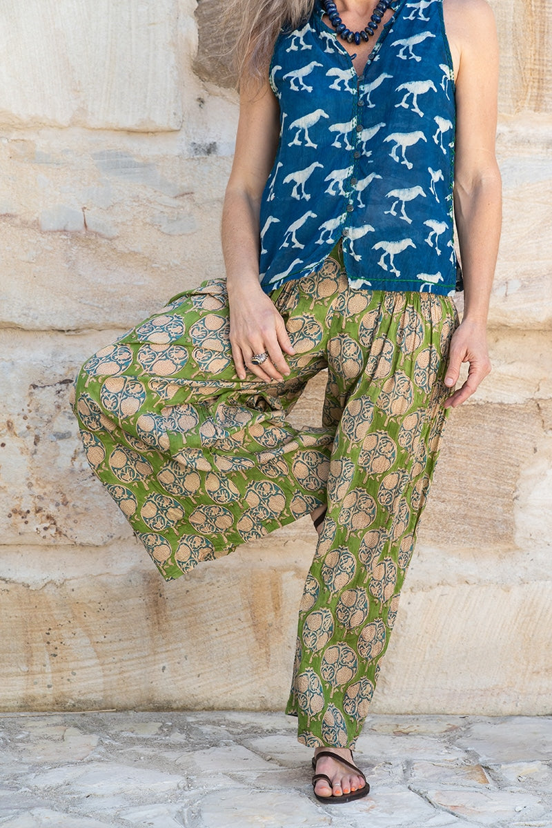 Womens, Apanna Pants, 100% cotton, hand block print. In vibrant green - Edentree print