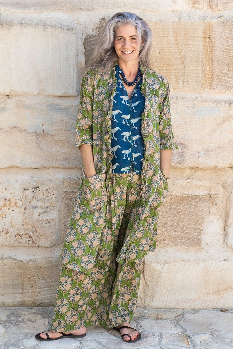 Womens, Shimla Coat, 7/8 sleeve, 100% cotton, hand block print. In vibrant green Edentree