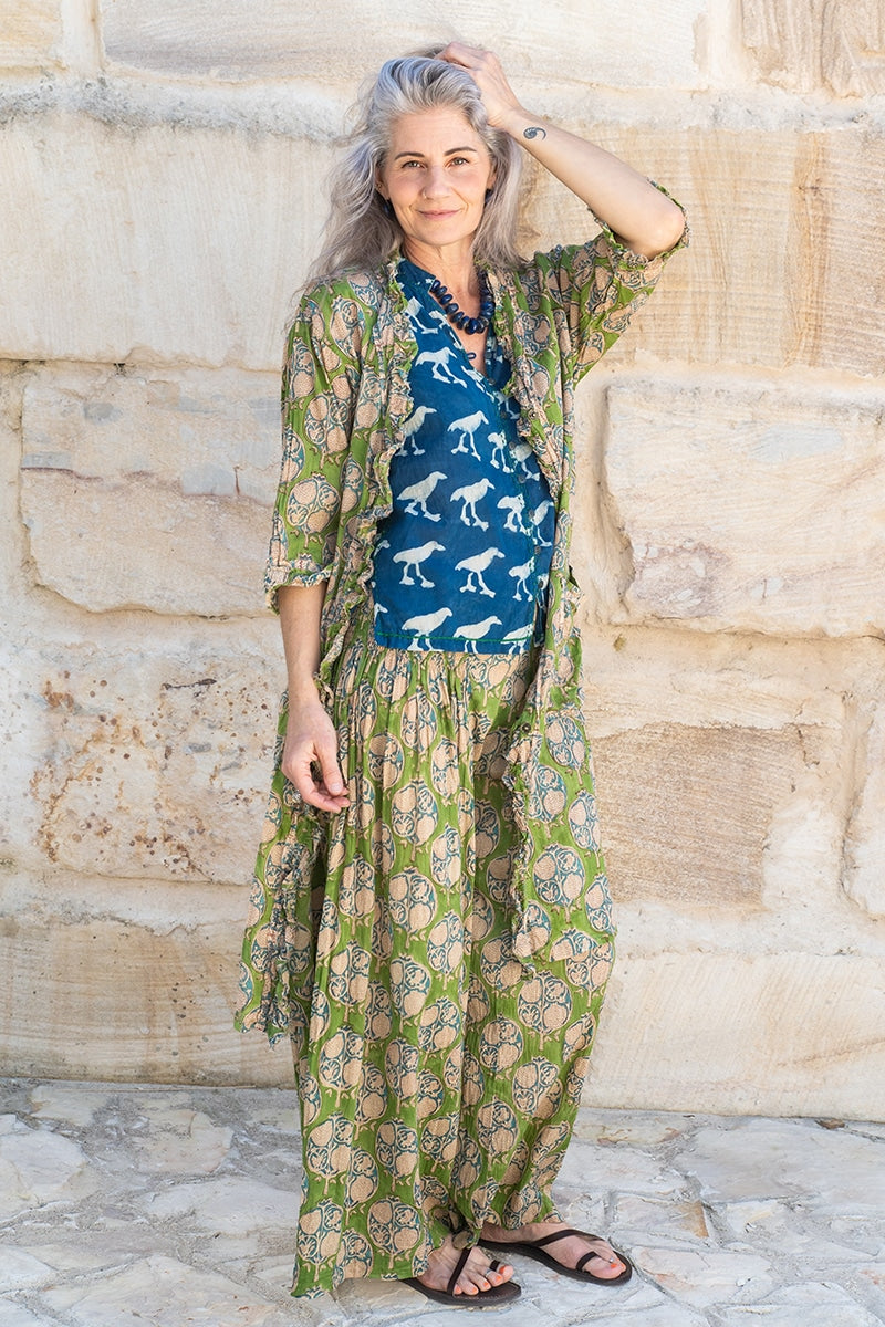 Womens, Shimla Coat, 7/8 sleeve, 100% cotton, hand block print. In vibrant green Edentree