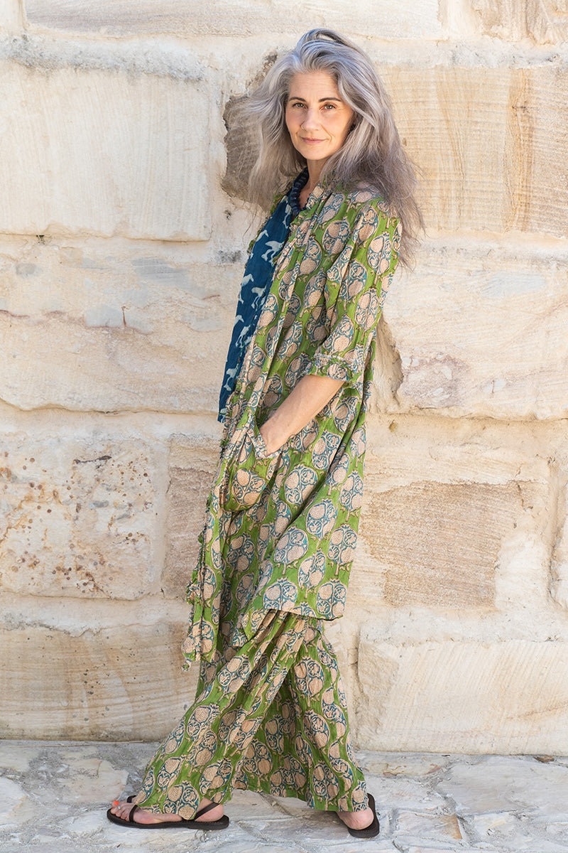 Womens, Shimla Coat, 7/8 sleeve, 100% cotton, hand block print. In vibrant green Edentree
