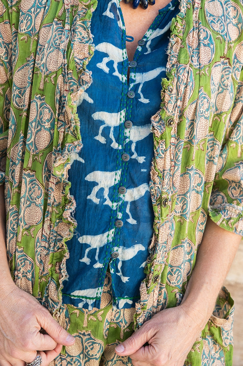 Womens, Shimla Coat, 7/8 sleeve, 100% cotton, hand block print. In vibrant green Edentree