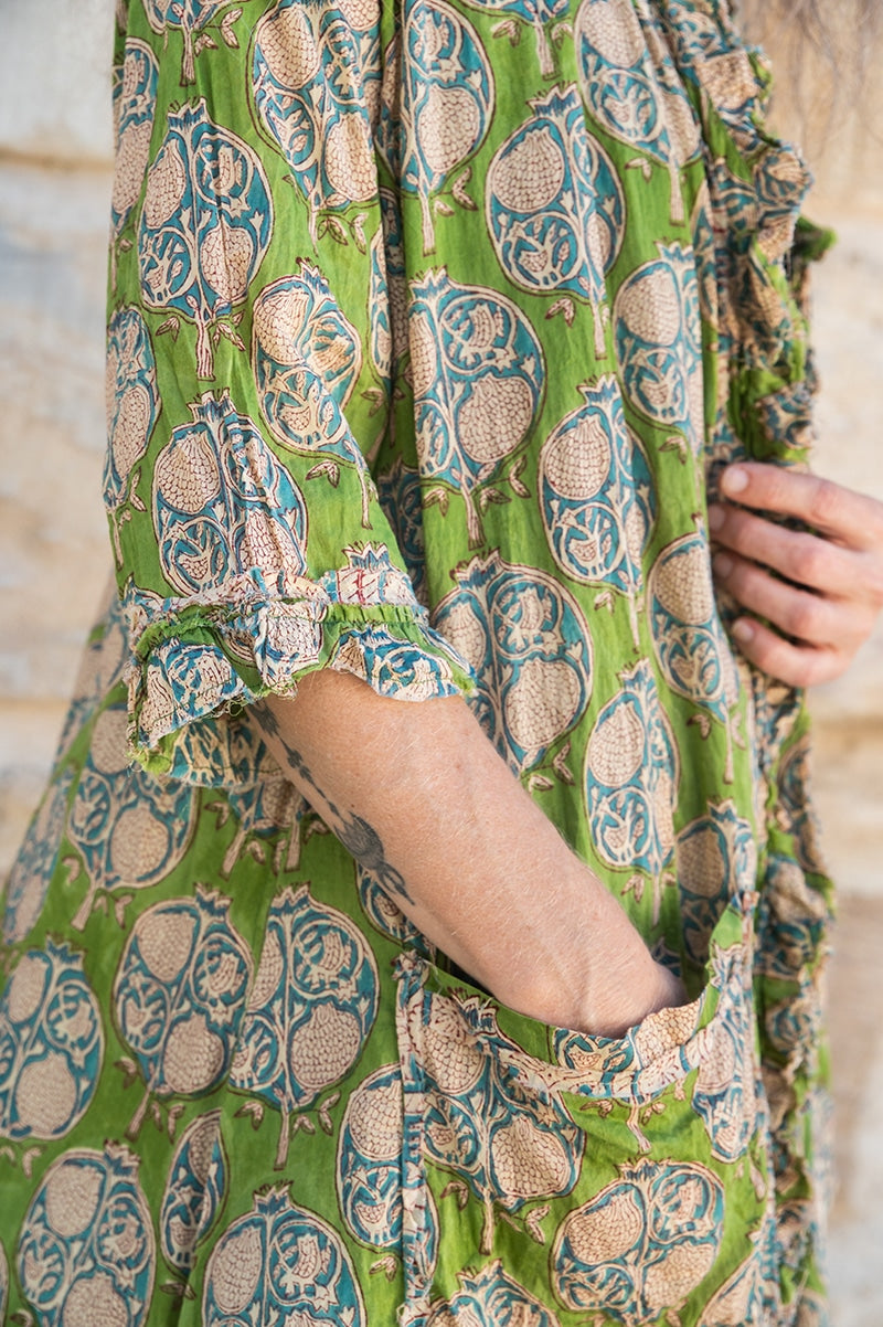 Womens, Shimla Coat, 7/8 sleeve, 100% cotton, hand block print. In vibrant green Edentree