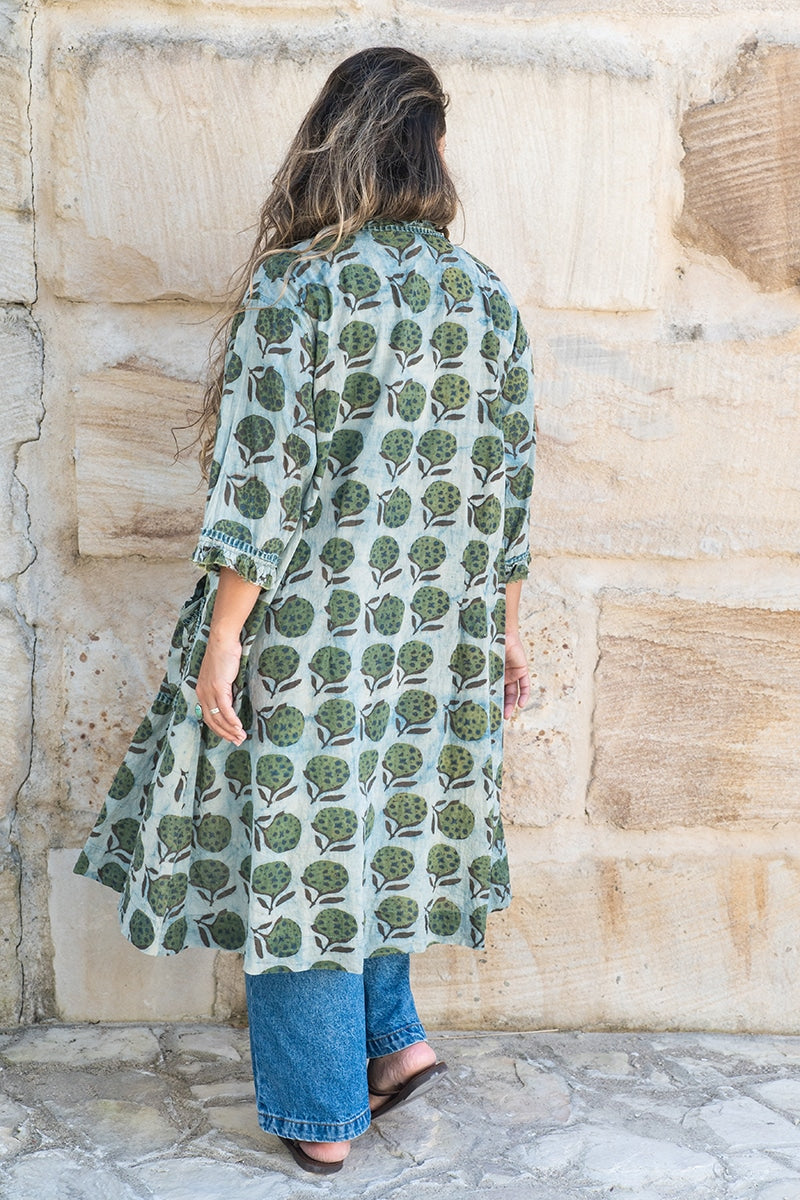 Womens, Shimla Coat, 7/8 sleeve, 100% cotton, hand block print. In natural green and blue - Naspal Figaris print