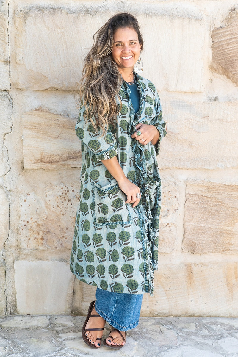 Womens, Shimla Coat, 7/8 sleeve, 100% cotton, hand block print. In natural green and blue - Naspal Figaris print